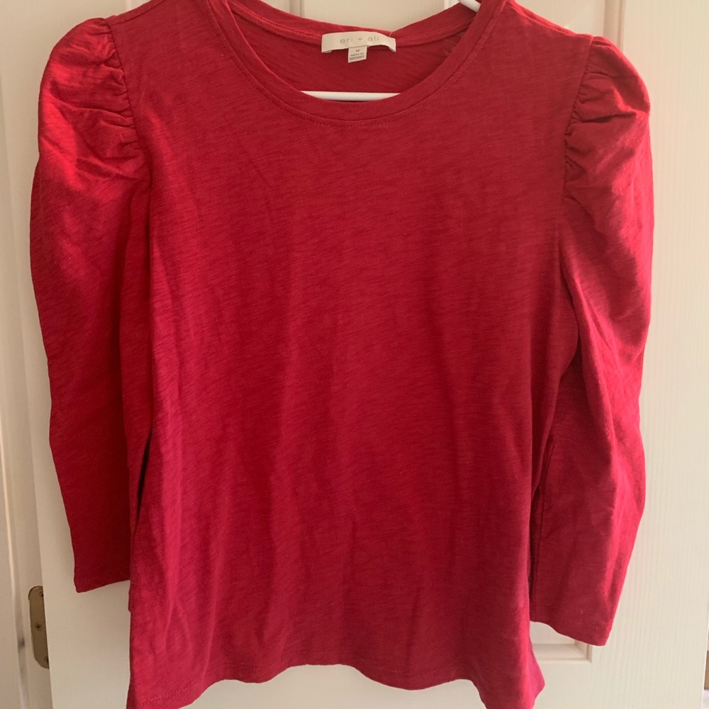eri + ali red cotton top with gathered sleeves